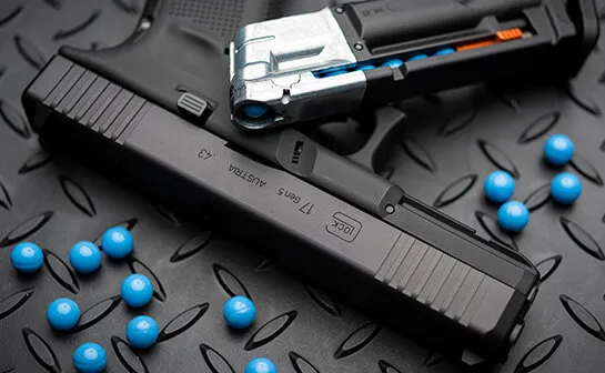 Up Close of Glock 17 Gen5 T4E Law Enforcement Training Recreational Training Glock Paintball Slide with mag fed CO2 Magazine loaded with paintballs